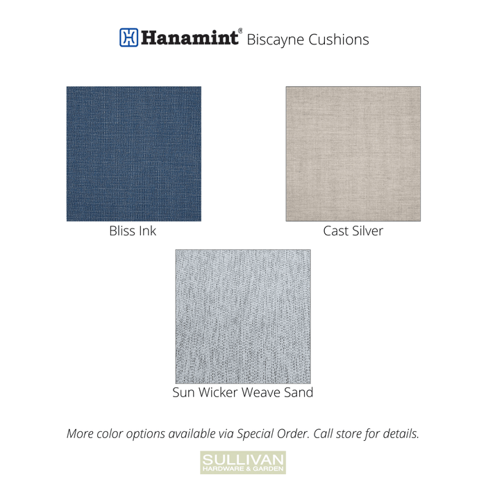 Diagram of cushion color options for the Hanamint Biscayne deep seating collection - Bliss Ink, Cast Silver, Sun Wicker Weave Sand