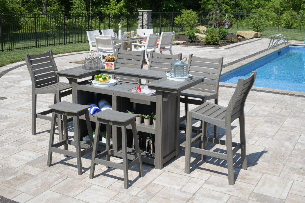 Berlin Gardens Outdoor Island, Saddle Bar Chairs, and Bristol Bar Chairs in Coastal Gray