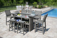 Berlin Gardens Outdoor Island, Saddle Bar Chairs, and Bristol Bar Chairs in Coastal Gray