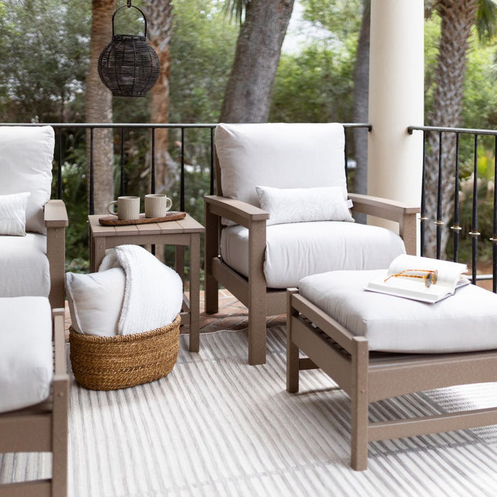 Camden Club Chairs and Ottomans with Camden End Table in Weatherwood. Cushions in Remix Parchment. 