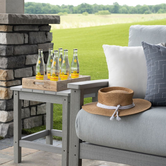 Berlin Gardens Camden Sofa and End Table in Driftwood Gray and Iona Spa Cushions