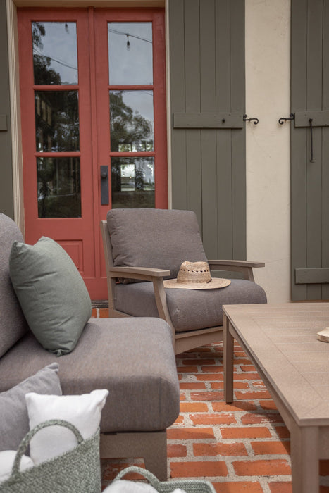 Berlin Gardens Classic Terrace Club Chair and Center Armless Chair and Rectangular Coffee Table in Weatherwood