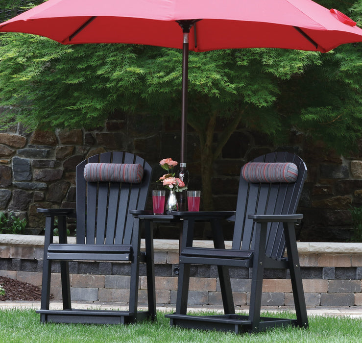 Berlin Gardens Comfo Back Counter Chairs in black under red umbrella