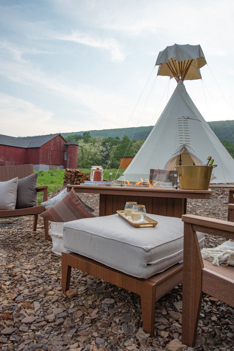 Donoma 42" x 54" Rectangular Fire Pit, Mayhew Chat Chairs, and Mayhew Ottoman - Antique Mahogany