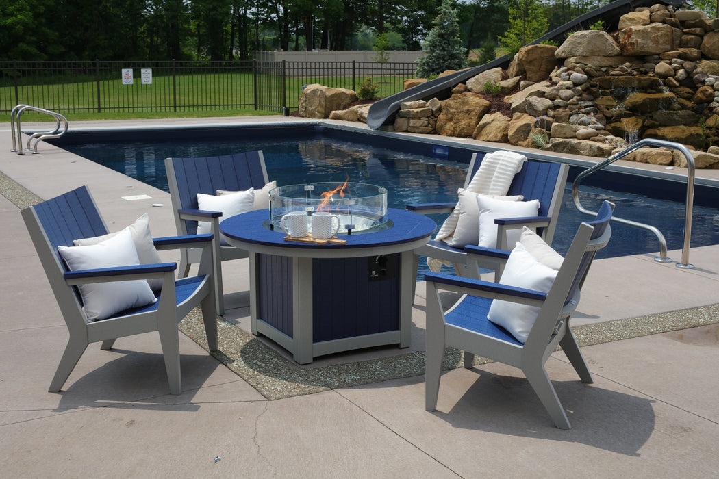 Berlin Gardens Donoma 44" Round Fire Pit and Mayhew Chat Chairs - Pacific Blue on White