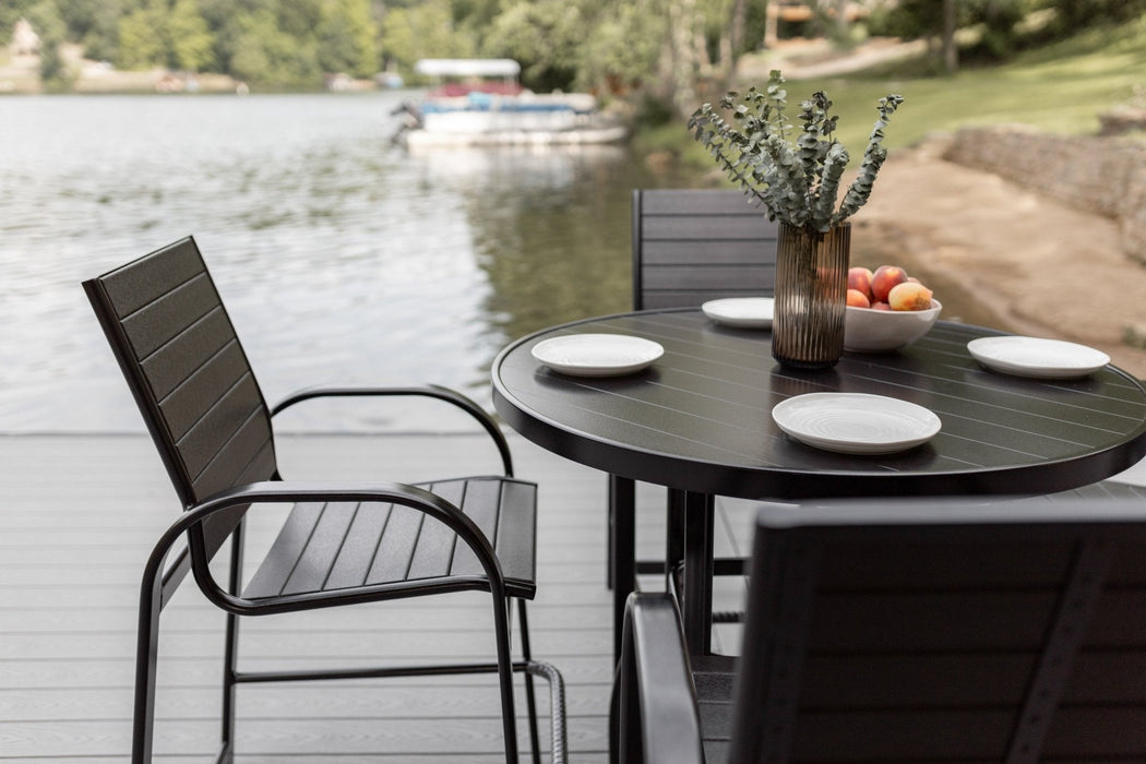 Murphy 42” Round Bar Table in Black with Murphy Stationary Bar Poly Chairs in Black with Black poly