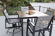 Vida 44” Square Aluminum Bar Table in Black. Vida Padded Sling Bar Chairs and Vida Padded Sling Swivel Bar Chairs in Black with sling in Sumba Mocha
