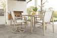 Vida 44” Square Aluminum Dining Table in Sahara Speckle. Vida Sling Dining Chairs and Vida Sling Swivel Rocker Dining Chairs in Sahara Speckle, sling in Kozo Abalone