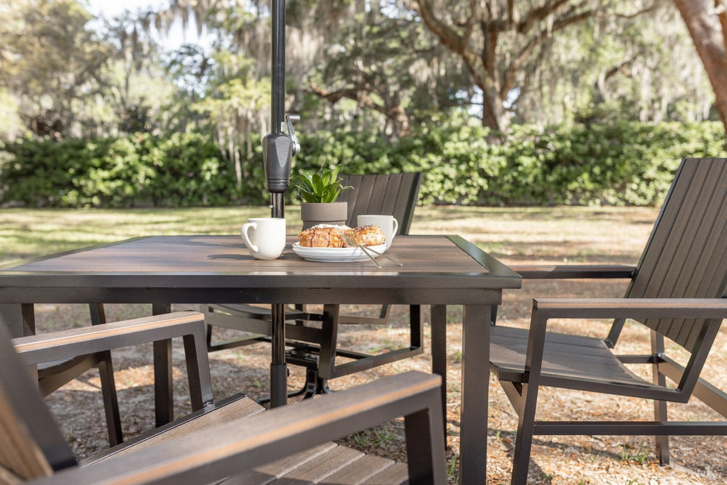 Vida 44 Square Poly Dining Table and Vida Dining Poly Chairs and Dining Swivel Rockers in Brazilian Walnut on Black
