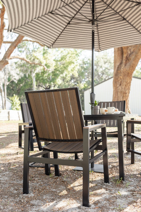 Vida 44 Square Poly Dining Table and Vida Dining Poly Chairs and Dining Swivel Rockers in Brazilian Walnut on Black