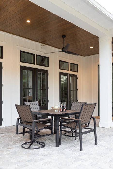 Vida 44 Square Poly Dining Table and Vida Dining Poly Chairs and Dining Swivel Rockers in Brazilian Walnut on Black