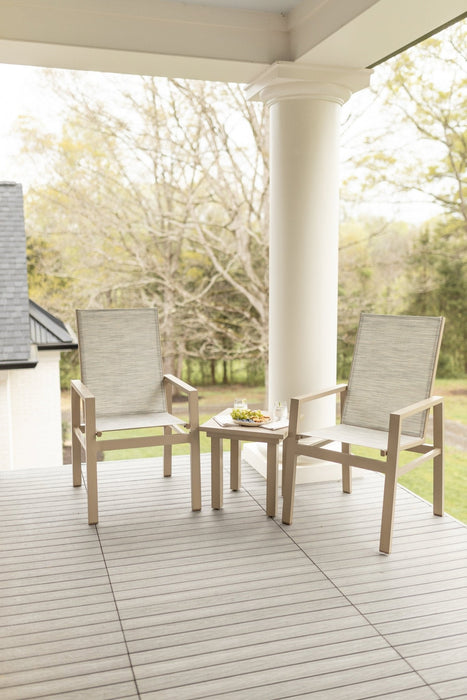 Vida High Back Dining Chairs and End Table in Oak Wood Vein. Sling in Caribbean Cane