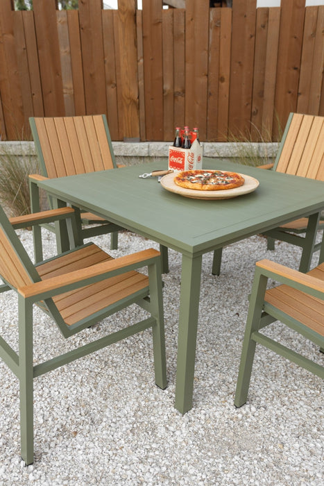 Vida 44 Square Aluminum Dining Table in Green Sage. Vida Poly Dining Chair in Natural Teak Green Sage