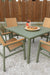 Vida 44 Square Aluminum Dining Table in Green Sage. Vida Poly Dining Chair in Natural Teak Green Sage