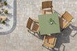 Vida 44 Square Aluminum Dining Table in Green Sage. Vida Poly Dining Chairs in Green Sage Natural Teak