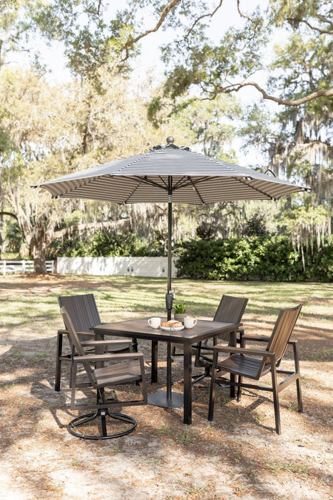 Vida 44 Square Poly Dining Table and Vida Dining Poly Chairs and Dining Swivel Rockers in Brazilian Walnut on Black
