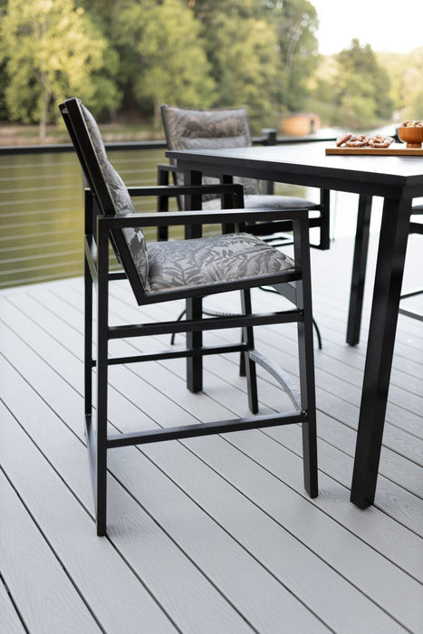 Vida 44” Square Aluminum Bar Table in Black. Vida Padded Sling Bar Chairs and Vida Padded Sling Swivel Bar Chairs in Black with sling in Sumba Mocha