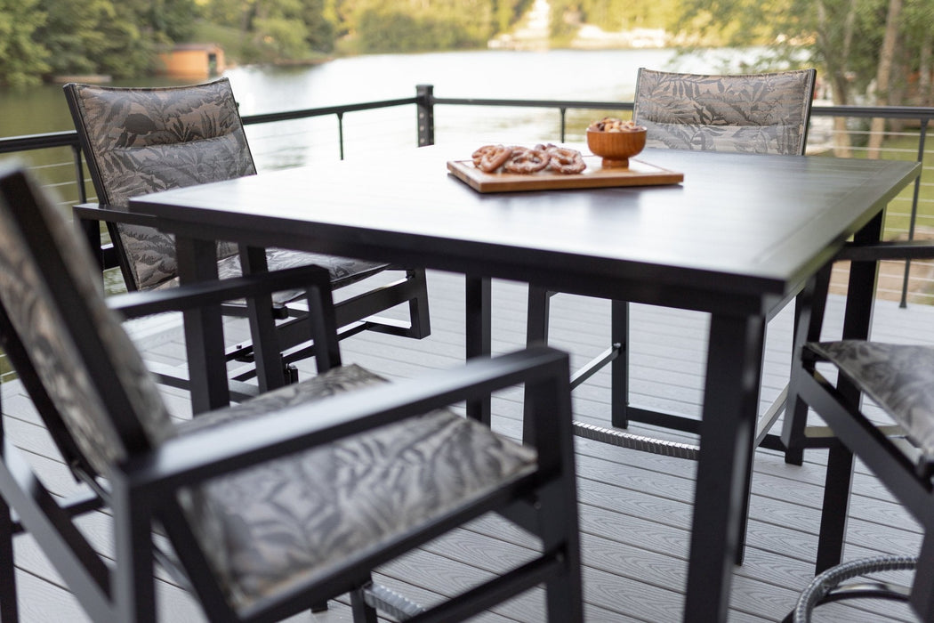 Vida 44” Square Aluminum Bar Table in Black. Vida Padded Sling Bar Chairs and Vida Padded Sling Swivel Bar Chairs in Black with sling in Sumba Mocha