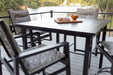 Vida 44” Square Aluminum Bar Table in Black. Vida Padded Sling Bar Chairs and Vida Padded Sling Swivel Bar Chairs in Black with sling in Sumba Mocha
