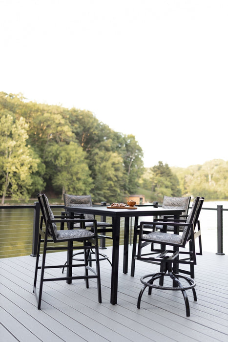Vida 44” Square Aluminum Bar Table in Black. Vida Padded Sling Bar Chairs and Vida Padded Sling Swivel Bar Chairs in Black with sling in Sumba Mocha