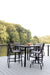 Vida 44” Square Aluminum Bar Table in Black. Vida Padded Sling Bar Chairs and Vida Padded Sling Swivel Bar Chairs in Black with sling in Sumba Mocha